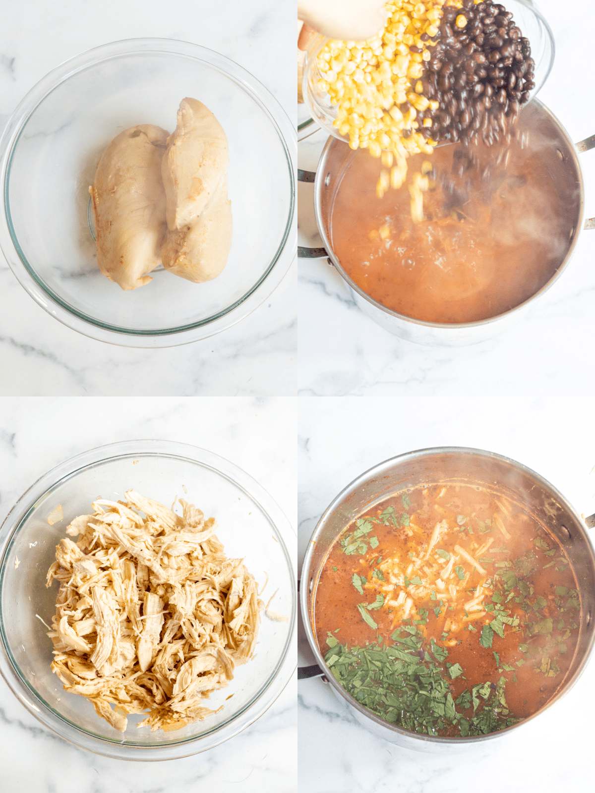 4 pictures a bowl of cooked chicken breasts, corn and beans being poured into a pot, the bowl with shredded chicken, and the pot with cheese and cilantro added.