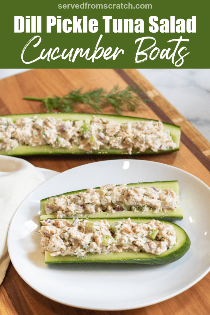 a plate with cucumber boats and tuna salad with Pinterest pin text.