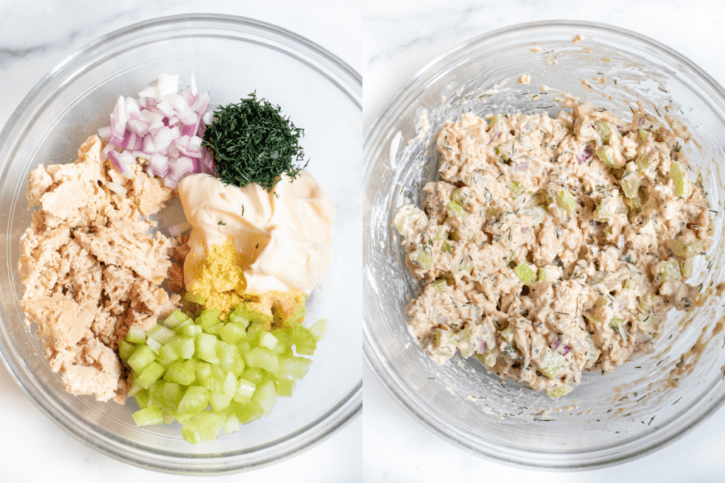 a bowl of tuna, celery, onion, dill, mayonnaise, and a bowl of it all mixed together. 