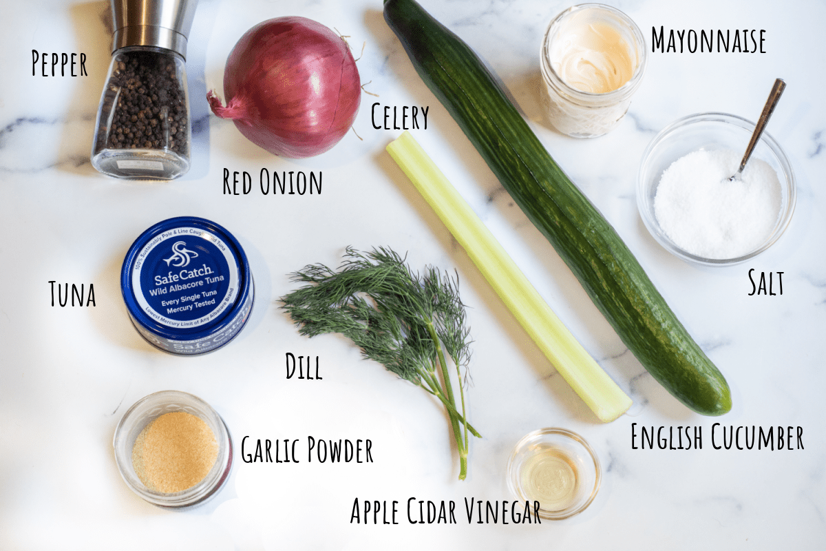 pepper, salt, cucumber, celery, red onion, mayonnaise, can of tuna, garlic powder, apple cider vinegar on counter.