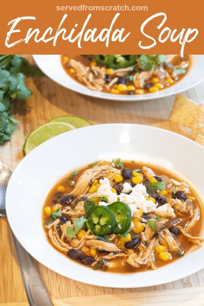 a bowl of chicken enchilada soup with cheese and sliced jalapenos with Pinterest pin text.