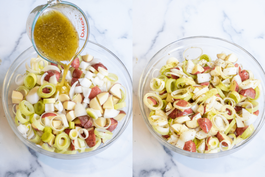 a bowl of potatoes, leeks, and onion with vinaigrette being poured in and then it all mixed.