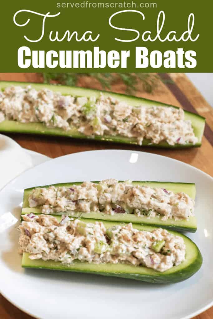 a plate with cucumber boats filled with tuna salad and Pinterest pin text.
