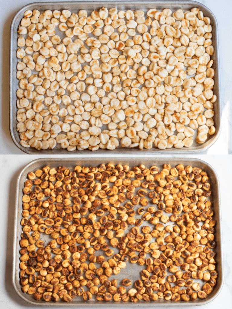 a tray of spice coated hominy and then the same tray with roasted corn nuts.