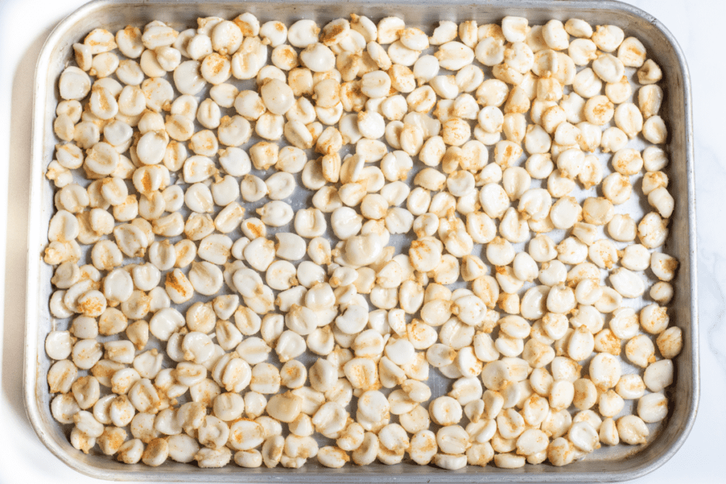 a baking tray of white hominy.