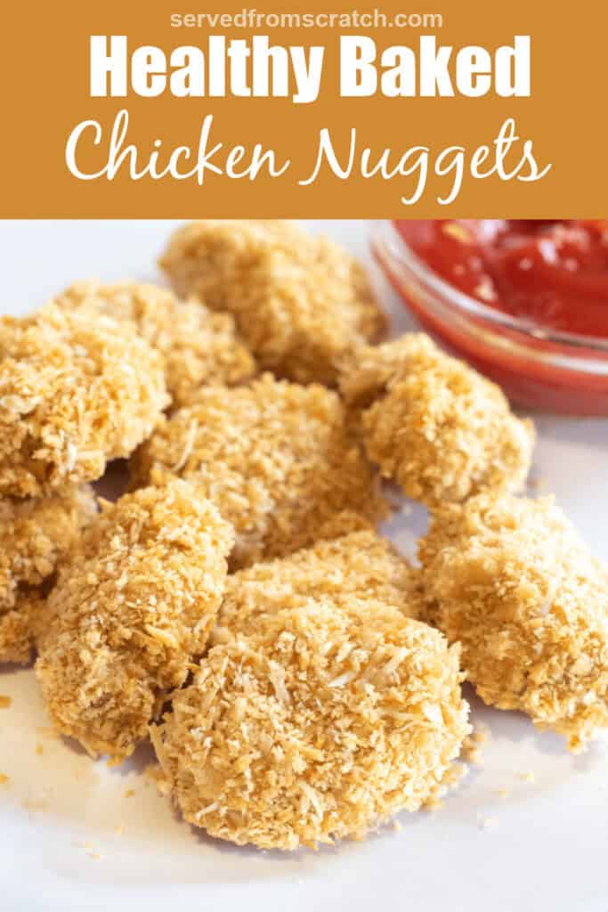 panko crusted chicken nuggets on a plate with ketchup with Pinterest pin text.