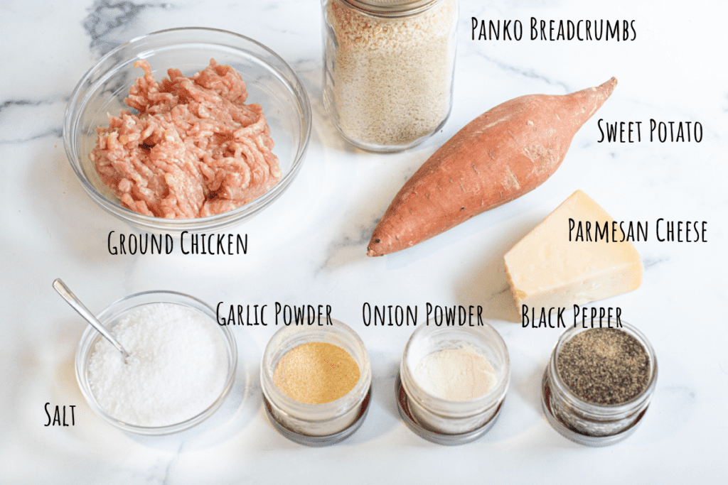 ground chicken, spices, cheese, sweet potato, and a jar of panko.