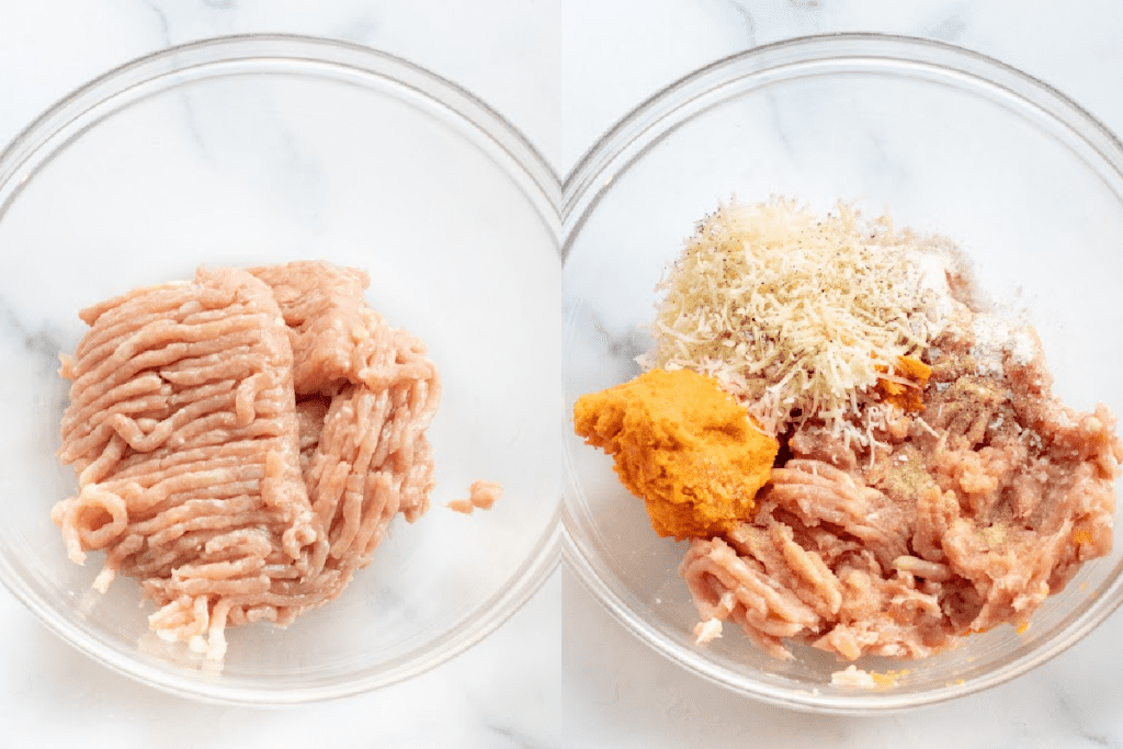 two bowls, one with ground chicken and one with ground chicken, sweet potato, and spices.