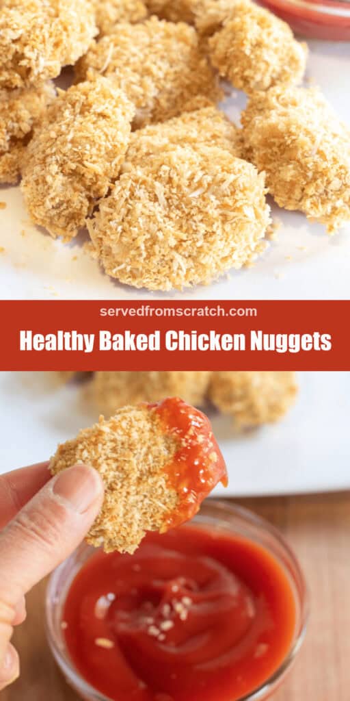 a plate of panko baked chicken nuggets, Pinterest pin text, and a hand holding a nugget dipped in ketchup.
