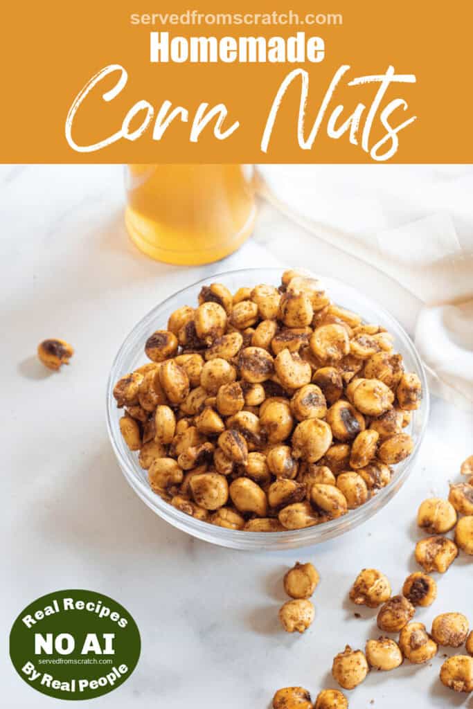 a bowl of overflowing corn nuts next to a beer and Pinterest pin text with NO AI sticker.