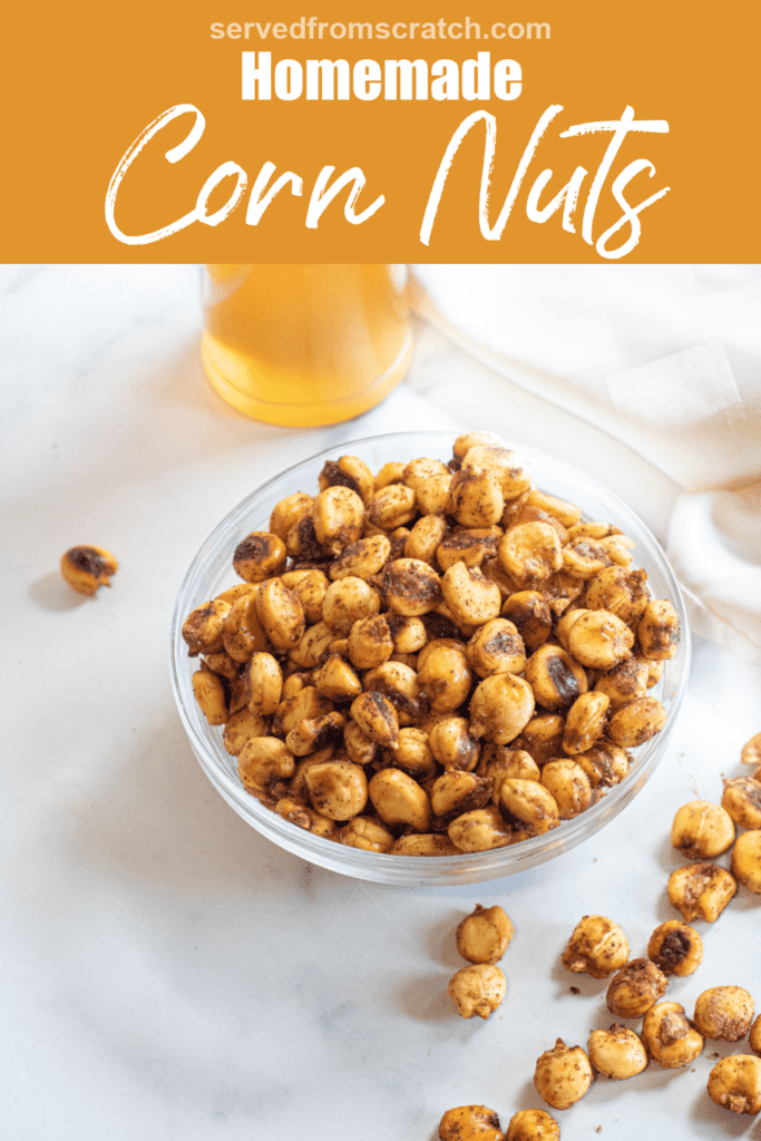 a bowl of overflowing corn nuts next to a beer and Pinterest pin text.