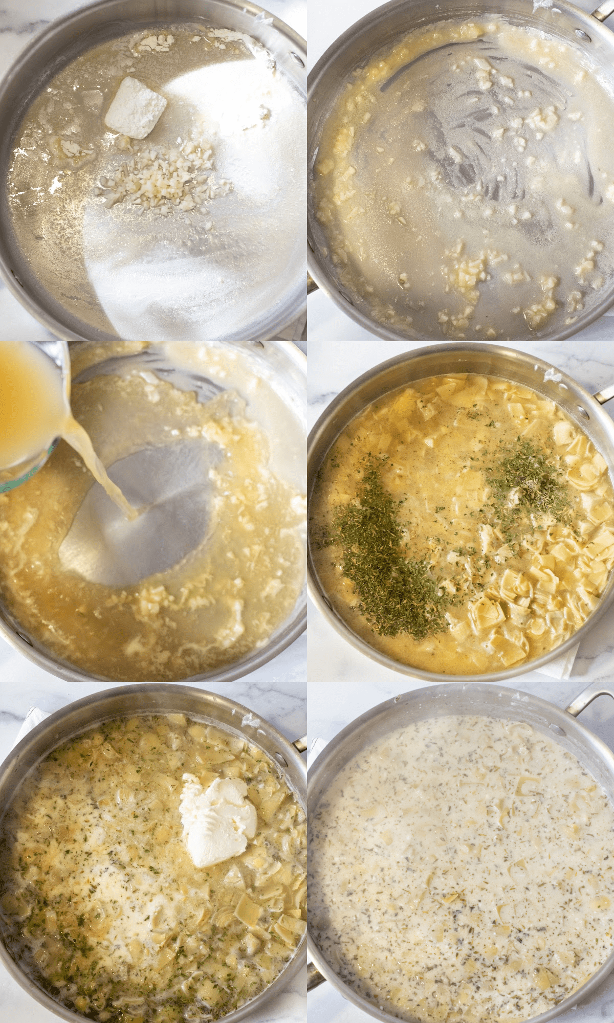 6 pictures of pans with butter and garlic and flour making a roux, then adding stock, then spices and artichokes, cream and cream cheese added, and then all mixed.