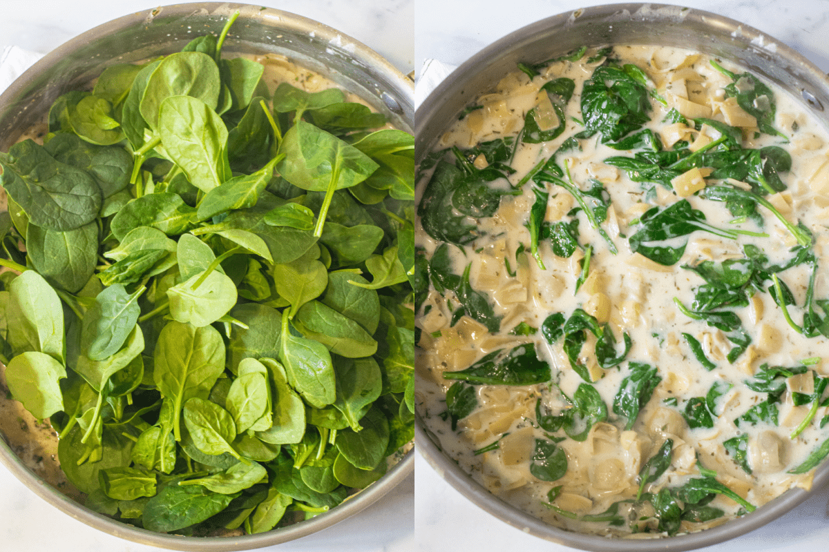 two pans, one with fresh spinach in and one with it all mixed into a creamy dish.