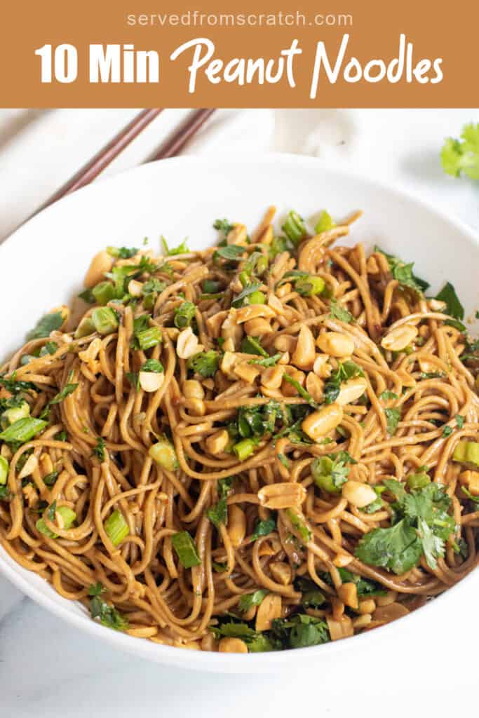a bowl of peanut noodles with Pinterest pin text.
