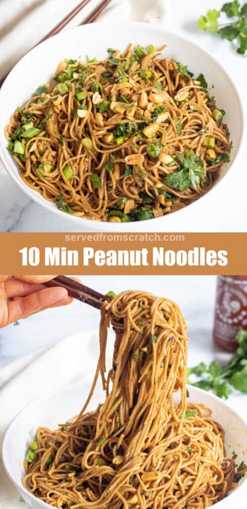 a bowl of peanut noodles over Pinterest pin text and then a picture of chopsticks holding up noodles over the bowl.