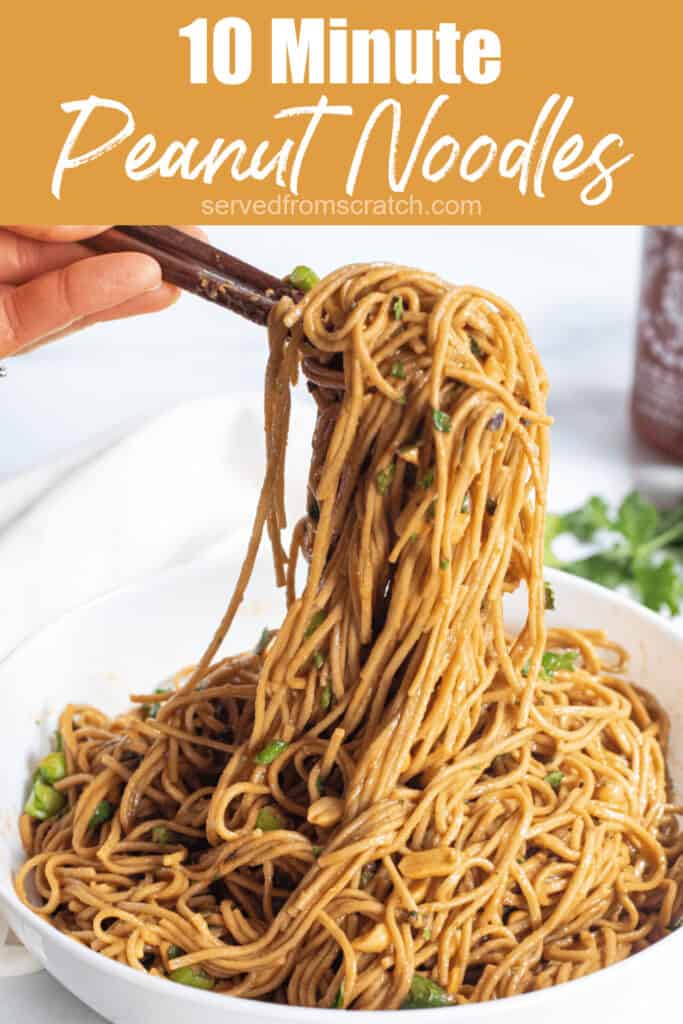 chopsticks holding up some noodles with Pinterest pin text.