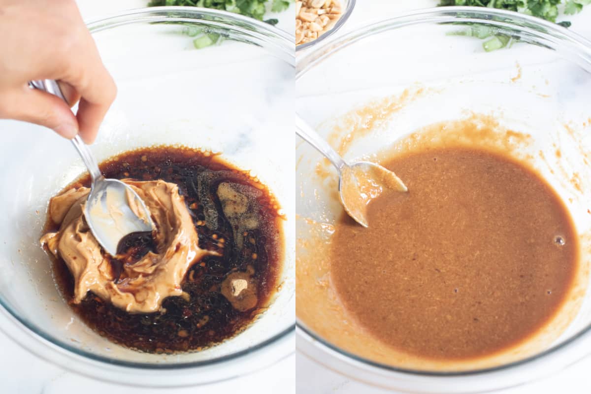 one bowl with peanut butter and sauces and a spoon mixing it and then a bowl of creamy peanut butter sauce.