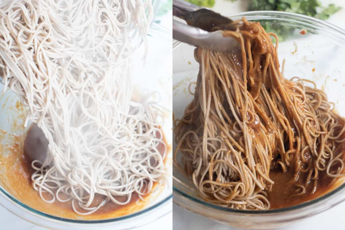 cooked rice noodles being added to a bowl with sauce, and tongs mixing noodles in the sauce.