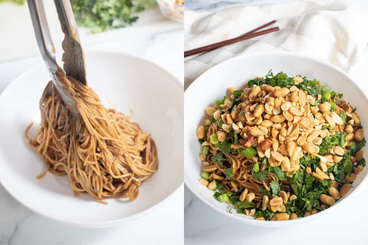 tongs placing noodles into a bowl, and then a bowl of noodles topped with cilantro, green onions, and peanuts.