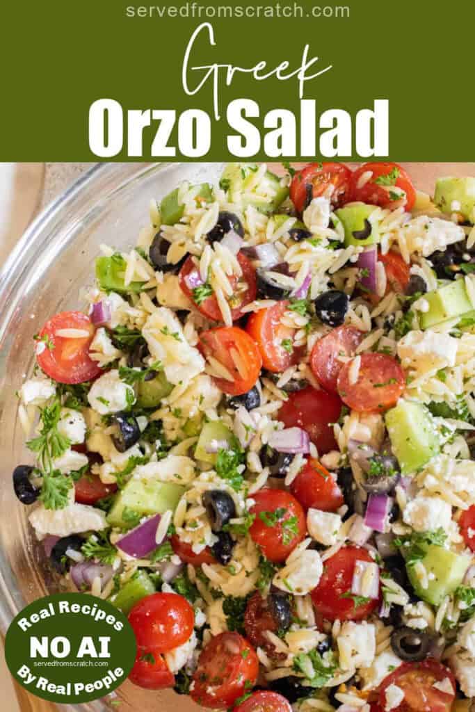 a large bowl of olives, cucumbers, tomatoes, orzo, feta with Pinterest pin text with NO AI sticker.
