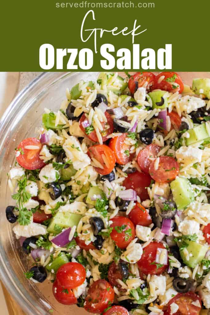 a large bowl of olives, cucumbers, tomatoes, orzo, feta with Pinterest pin text.