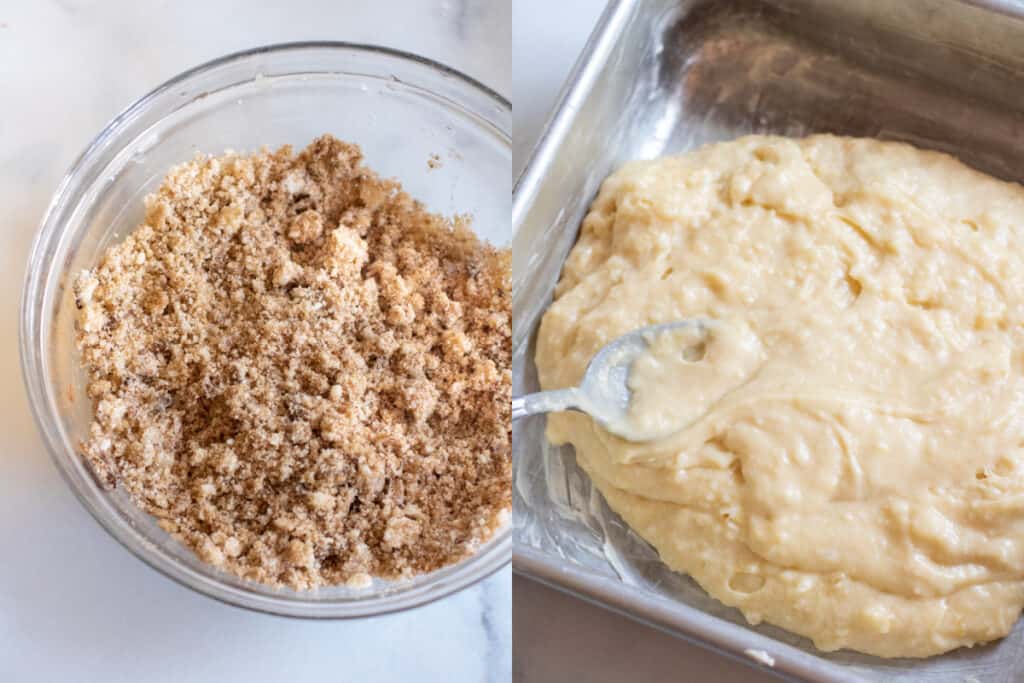 a bowl of cinnamon crumble and a pan with batter being spread in.