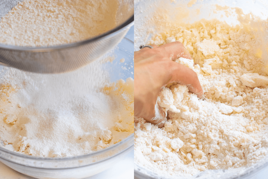 flour being sifted into a bowl and then a hand mixing it into crumbles.