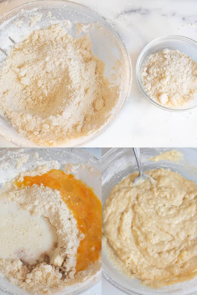 a bowl of crumbly dough and a smaller bowl next to it over a bowl of dough, eggs, and vanilla extract, and then a bowl with it all mixed together.