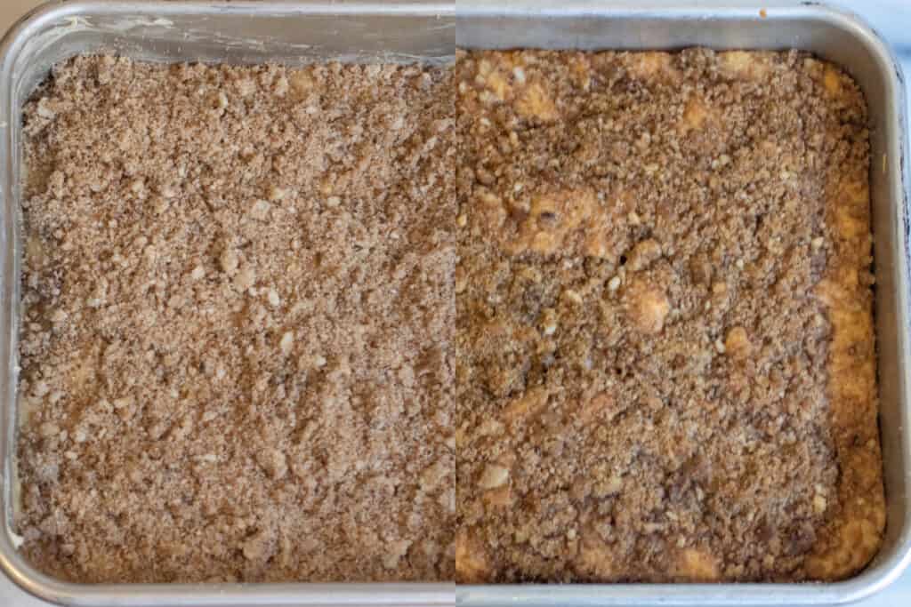 two pans, one of an unbaked streusel topped coffee cake and the other baked.