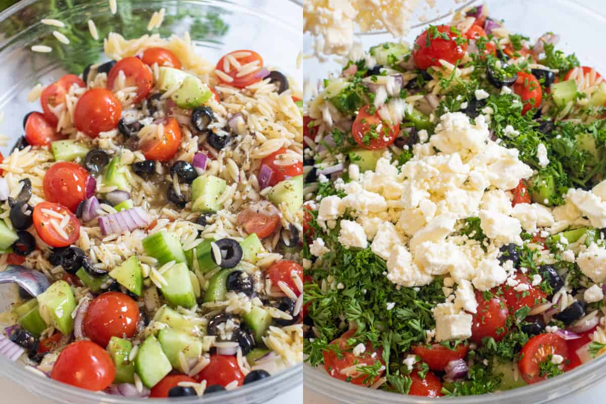 a bowl of cucumbers, orzo, tomatoes with dressing and then topped with parsley and feta.