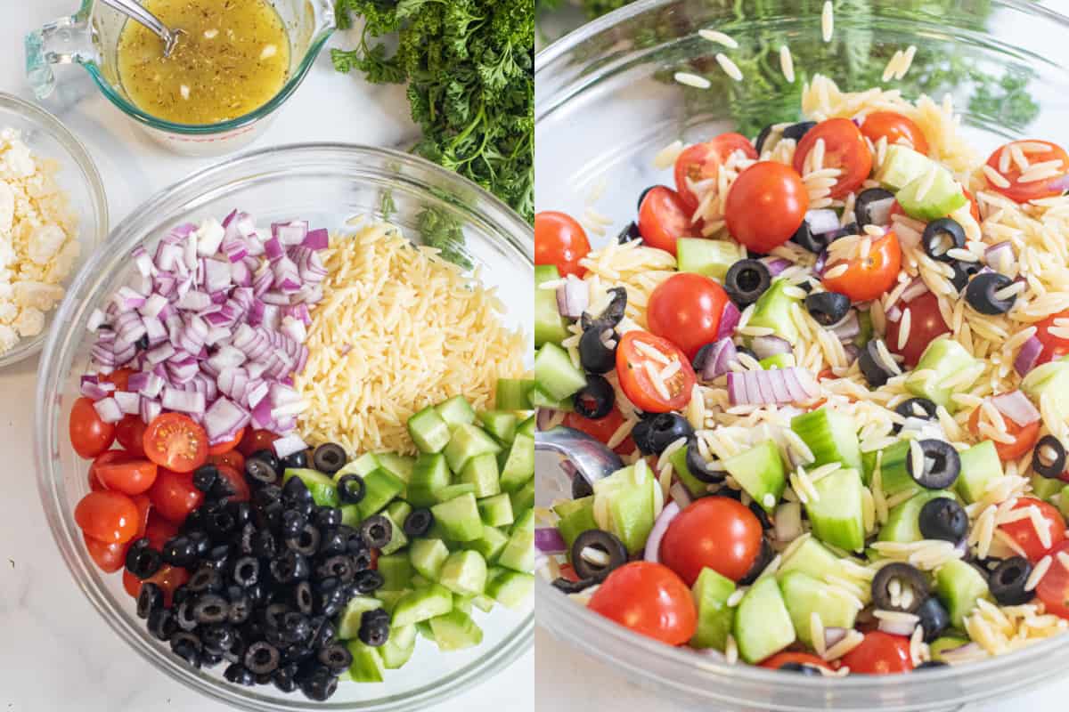 two bowls, one with cucumbers, olives, orzo, red onion, and tomatoes, and one with it all mixed.