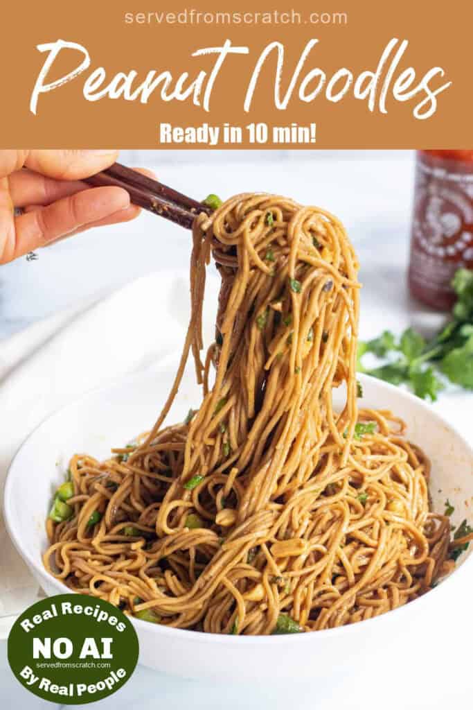 chopsticks holding up peanut noodles over a large bowl of noodles with Pinterest pin text with Pinterest pin text.