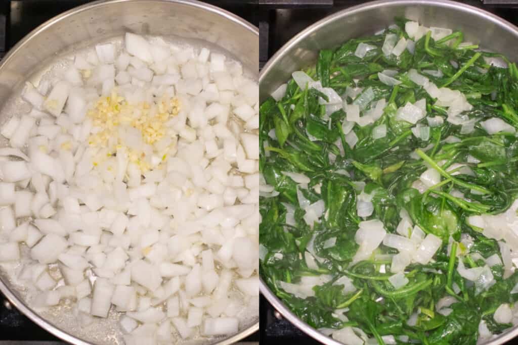 a pan of onion and garlic and again with sauteed spinach.