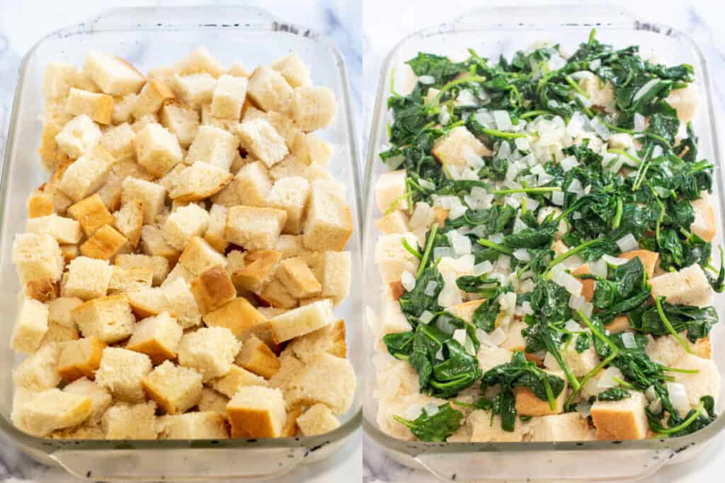 a baking dish with cubed bread next to a picture of it covered with cooked spinach.