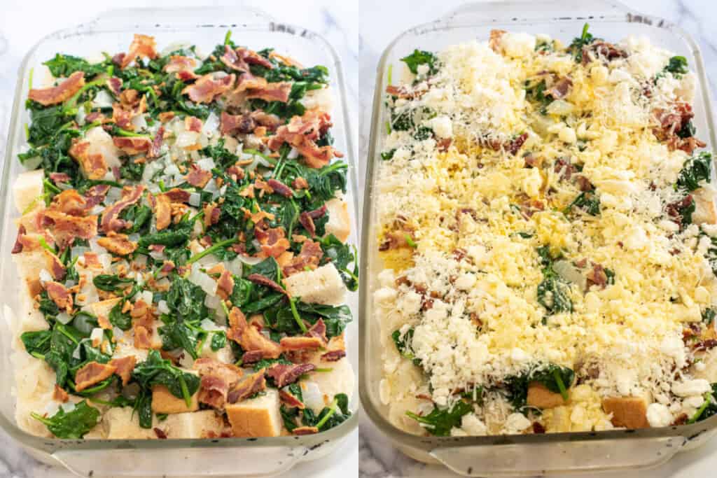 a pan with bread, spinach, and crumbled bacon and then a picture with it topped with cheese and egg mixture.