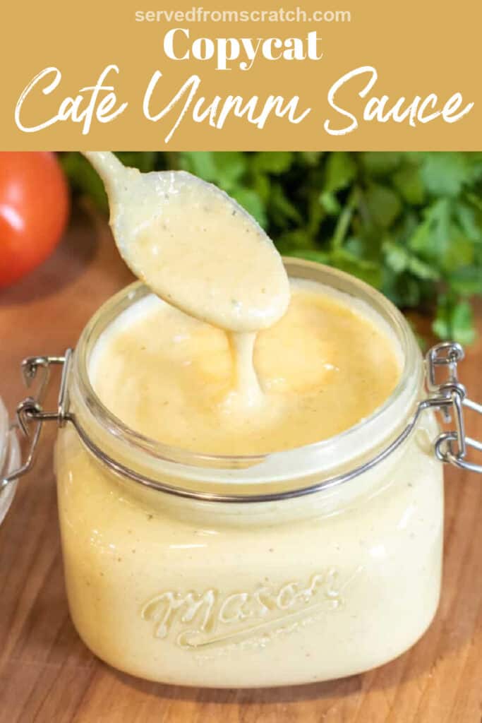 an open jar of sauce with a spoon in it with Pinterest pin text.