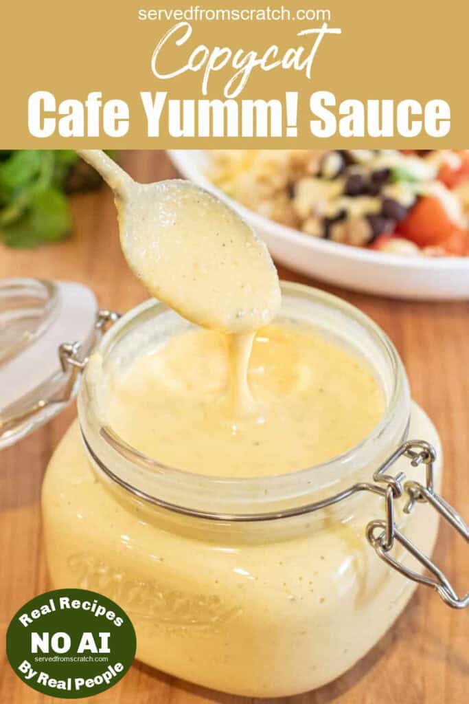 an open jar of sauce with a spoon in it with Pinterest pin text with NO AI sticker.