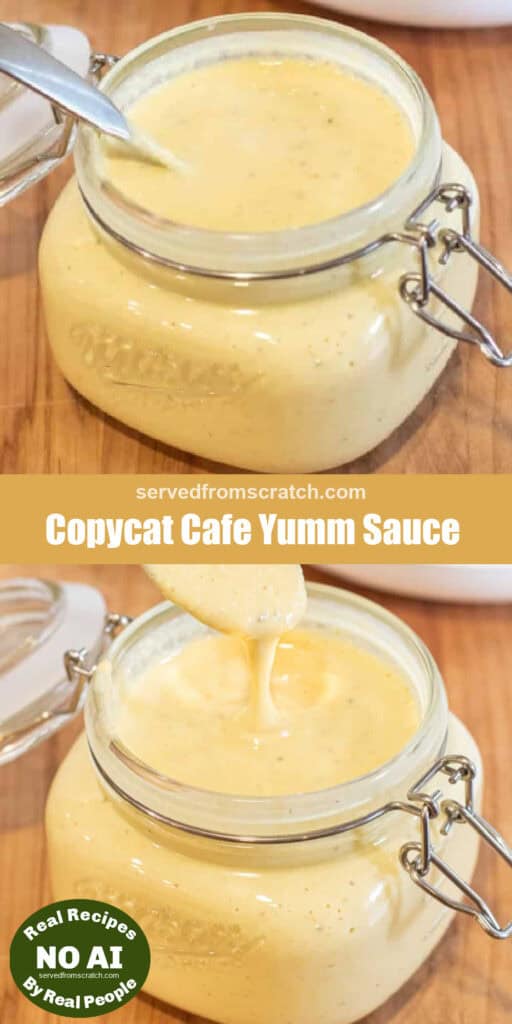 an open jar of sauce with a spoon in it with Pinterest pin text and a jar of it with a spoon and some of it out and a NO AI sticker.
