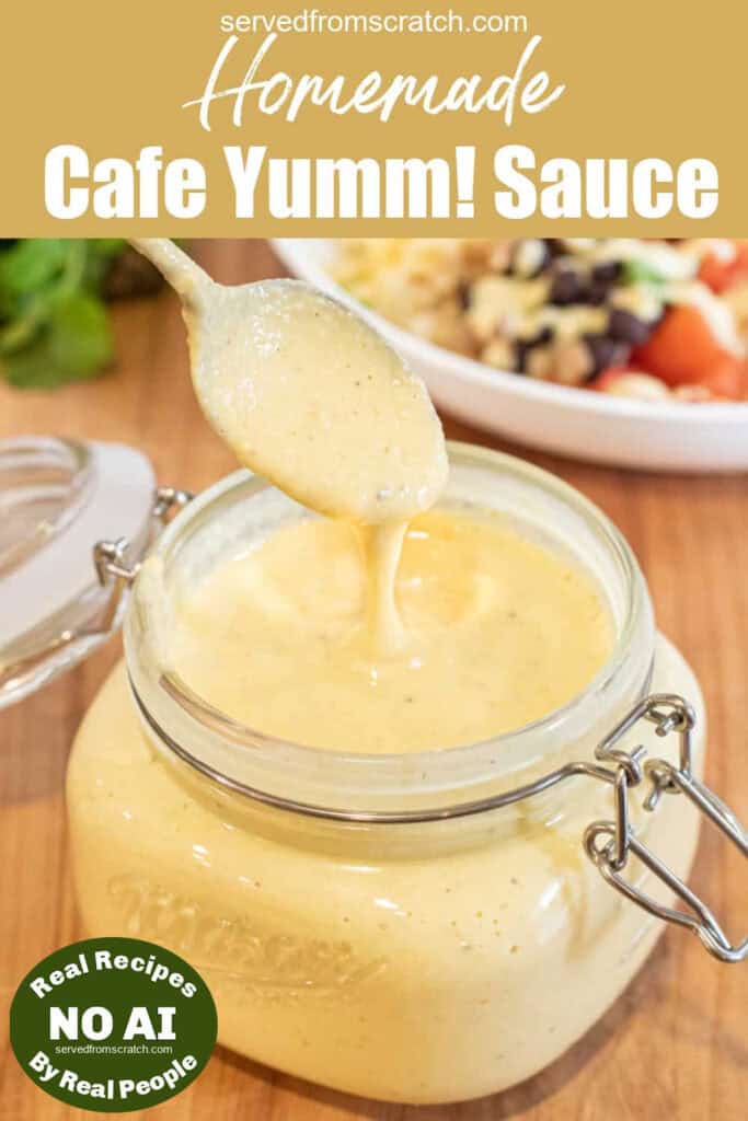an open jar of sauce with a spoon in it with Pinterest pin text with NO AI sticker.