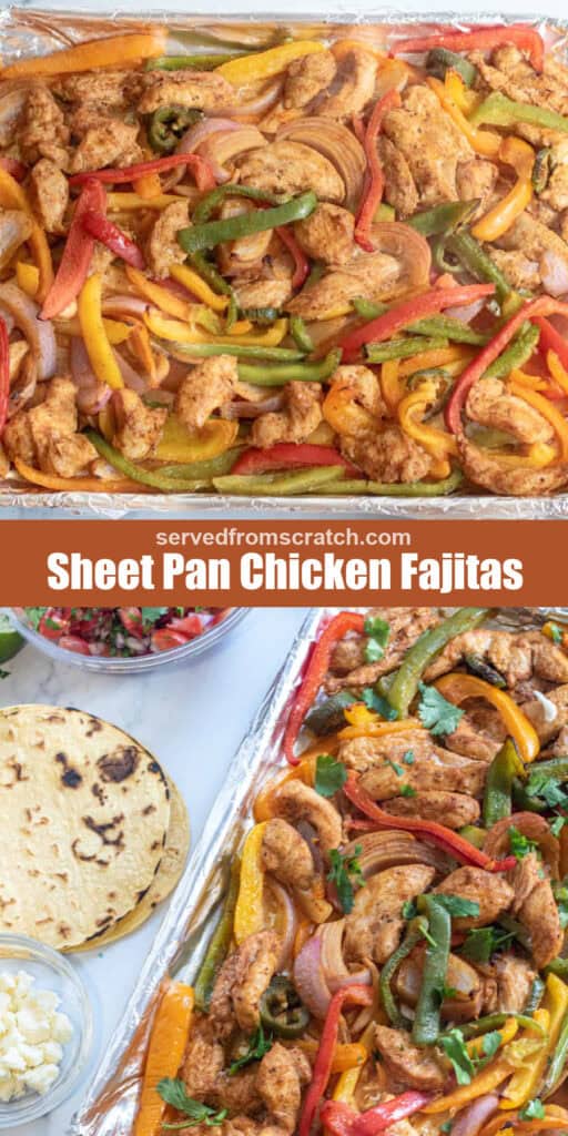 a tray of baked chicken tenderloins, bell peppers, Pinterst pin text, and then it next to some corn tortillas and a bowl of pico.
