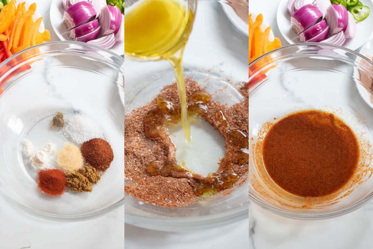 3 pictures of spices in a bowl, oil being mixed in, and then it all mixed together.