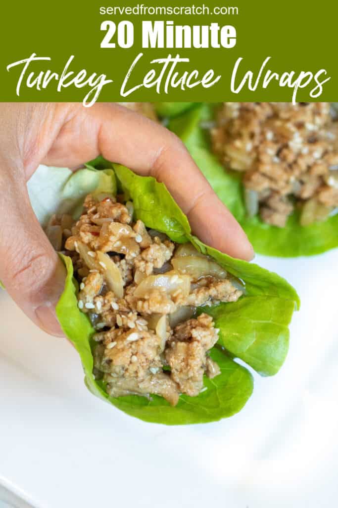 a hand holding a lettuce wrap with ground turkey with Pinterest pin text.