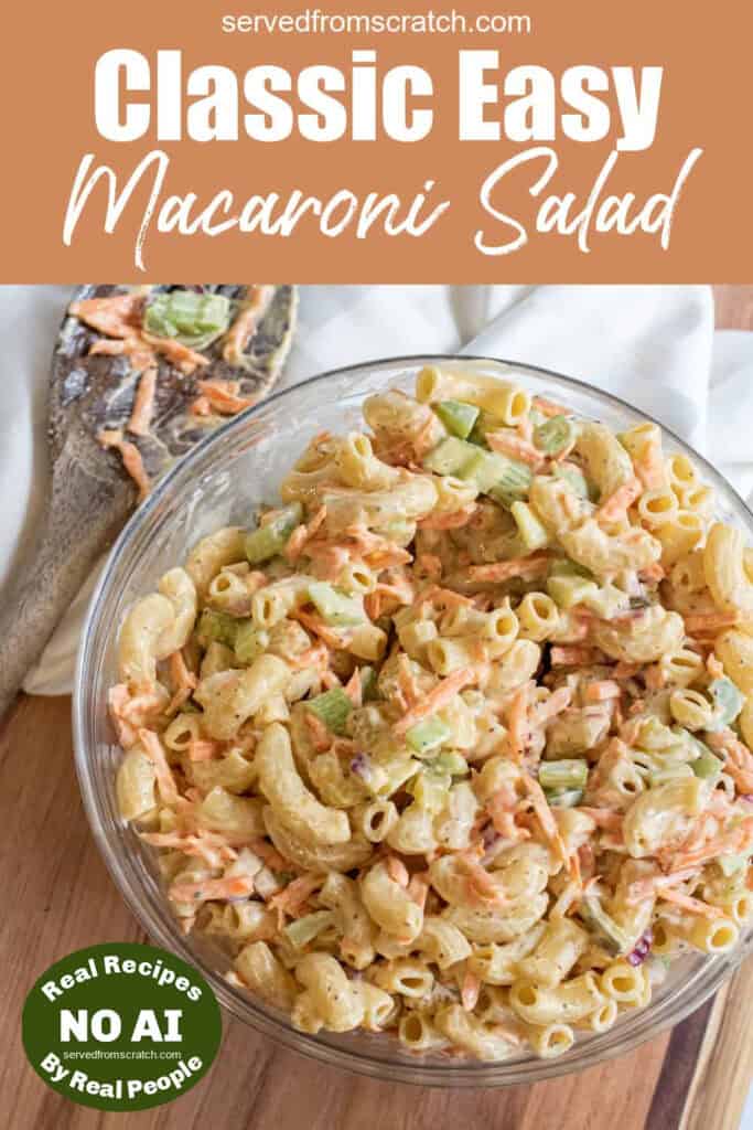 a large bowl of macaroni salad with Pinterest pin text and NO AI sticker.