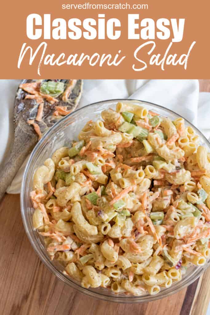a large bowl of macaroni salad with Pinterest pin text.