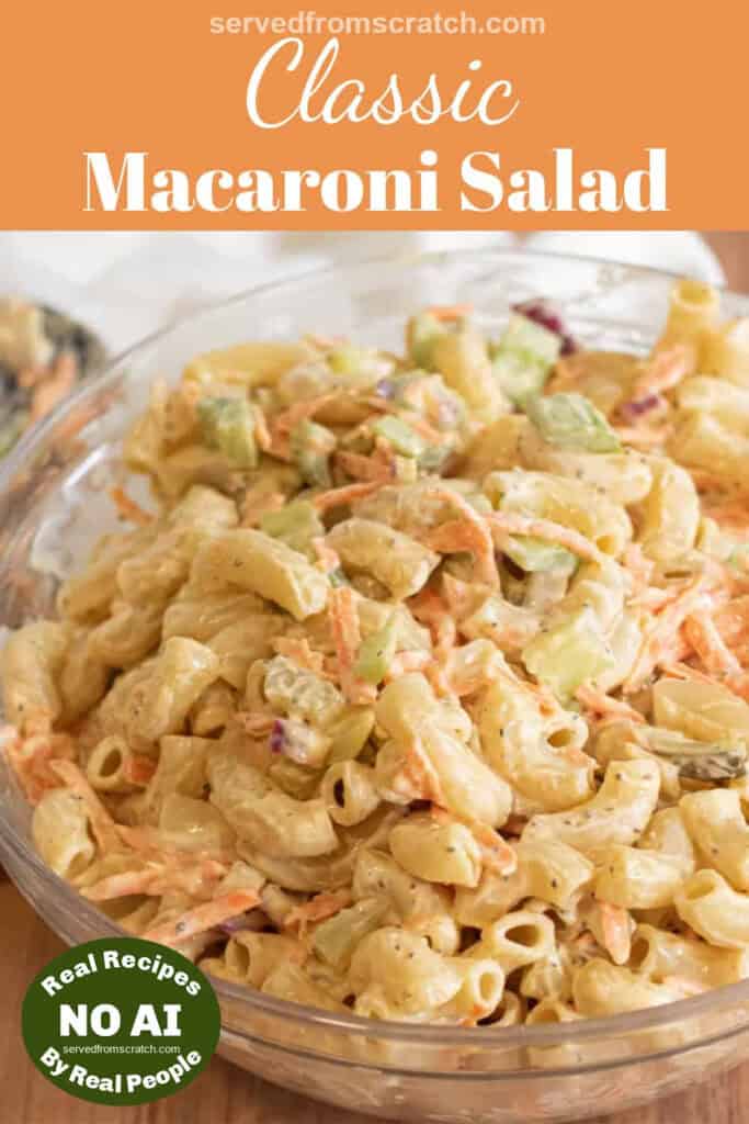 a large bowl of macaroni salad with Pinterest pin text and NO AI sticker.