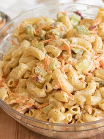 a large bowl of macaroni salad.