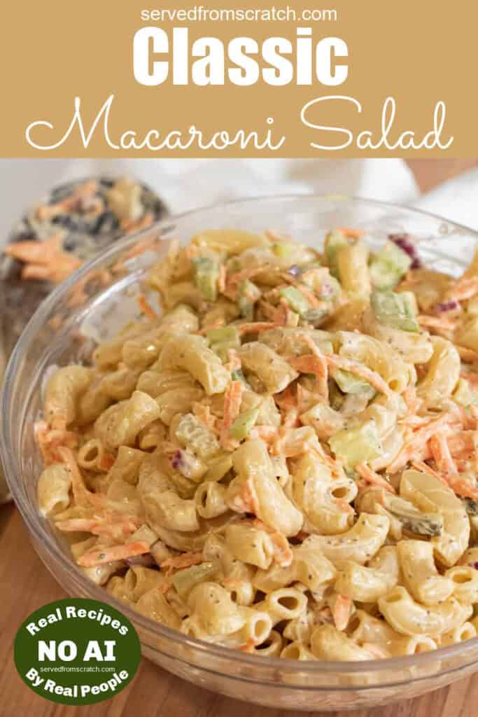 a large bowl of macaroni salad with Pinterest pin text and NO AI sticker.