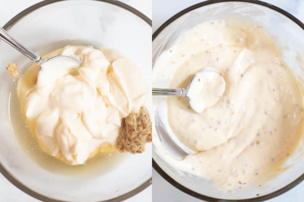two bowls one with mayo, vinegar, and dijon and then one mixed.