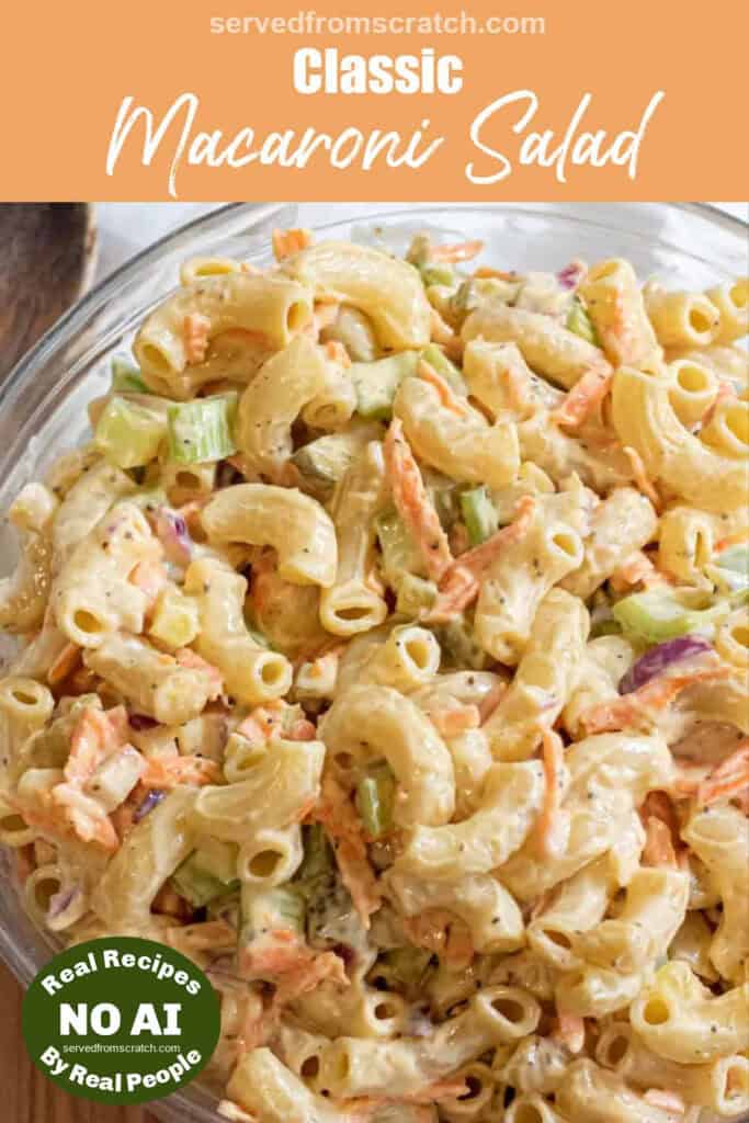 a large bowl of macaroni salad with Pinterest pin text and NO AI sticker.