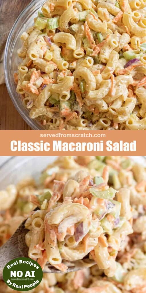 a bowl of macaroni salad with Pinterest pin text and a bowl with a spoon with NO AI sticker.